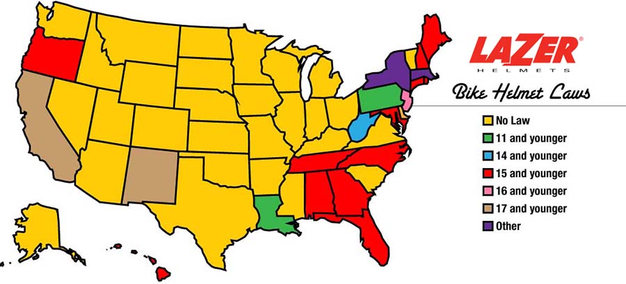 Map of bike helmet law by States